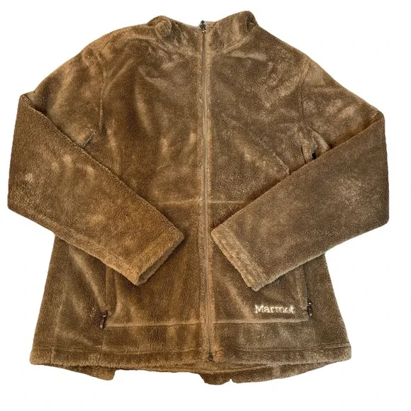 Marmot Women's Large Hooded Full Zip Fleece Jacket‎ Brown Plush Teddy Soft Cozy - Picture 4 of 8